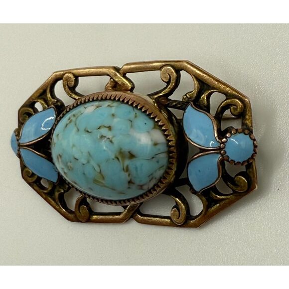 Turquoise brass brooch vintage source unknown - Picture 6 of 13
